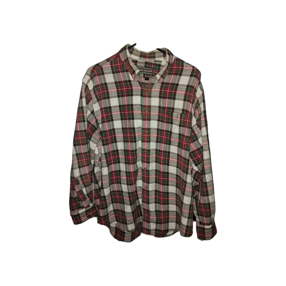 Vtg David Taylor Shirt XL Mens Flannel Plaid Red Green White 100% cotton 90s - Picture 1 of 8